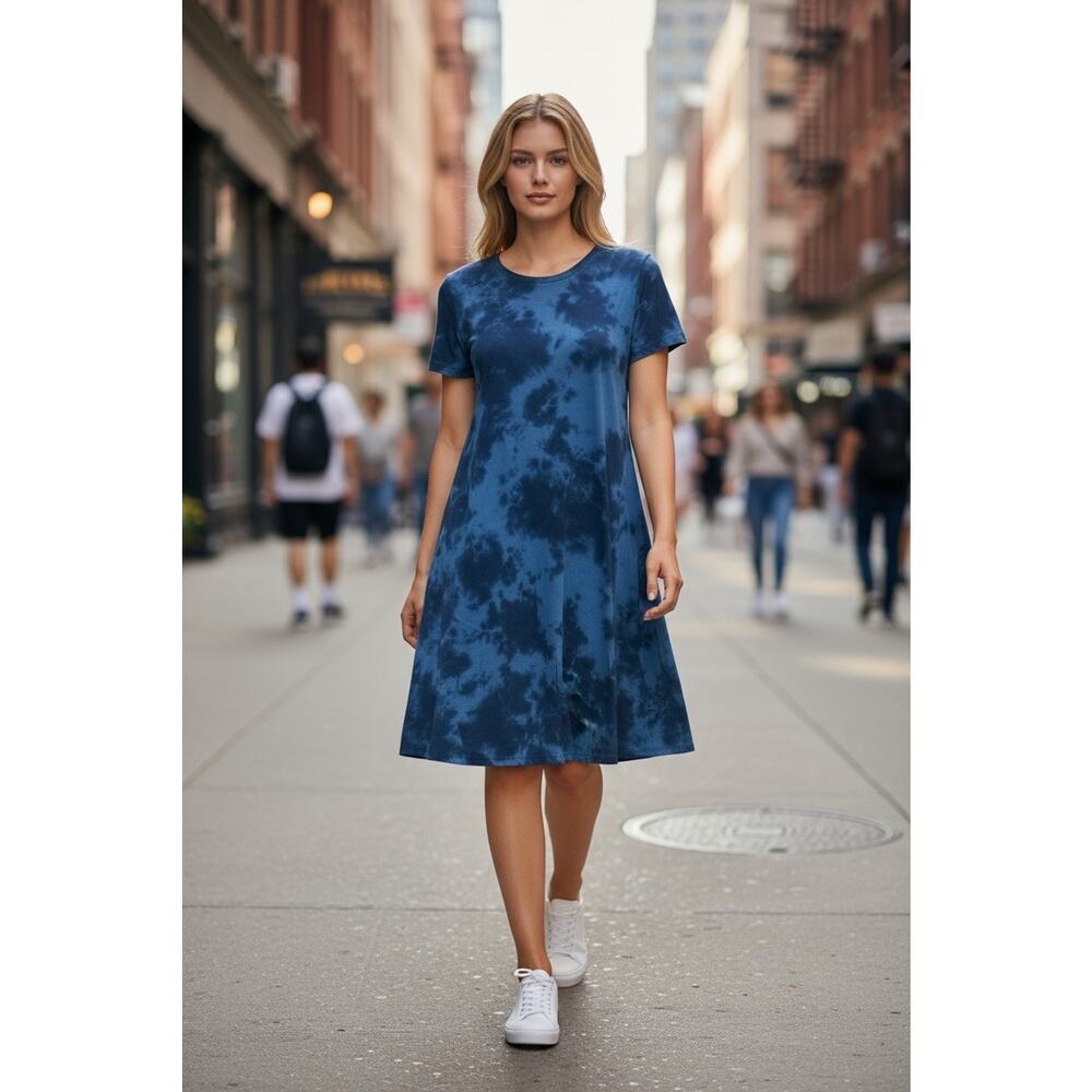 Style & Co. Blue Tie Dye Shirt A-Line Dress Size PM Medium Petite Short Sleeve
